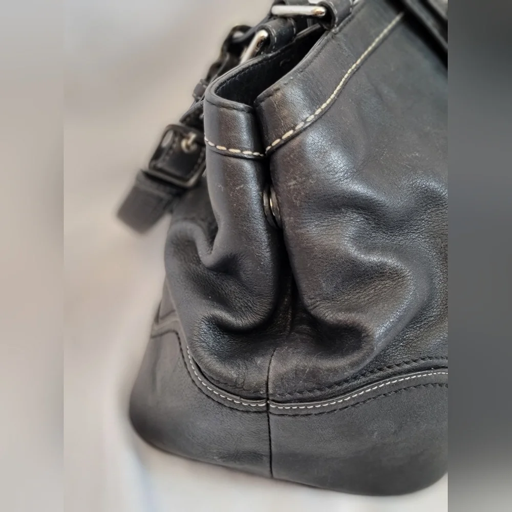 Coach Hamilton Black Leather Tote Bag with Silver Accents